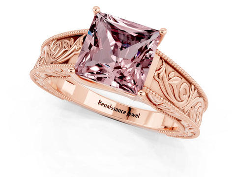 Rose gold Princess Cut Morganite Solitaire Ring with Engraved Band and Four-Prong Setting_1
