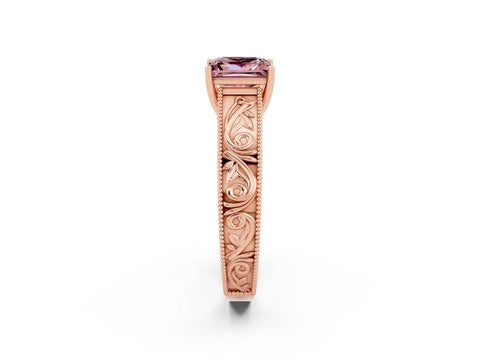 Rose gold Princess Cut Morganite Solitaire Ring with Engraved Band and Four-Prong Setting_2