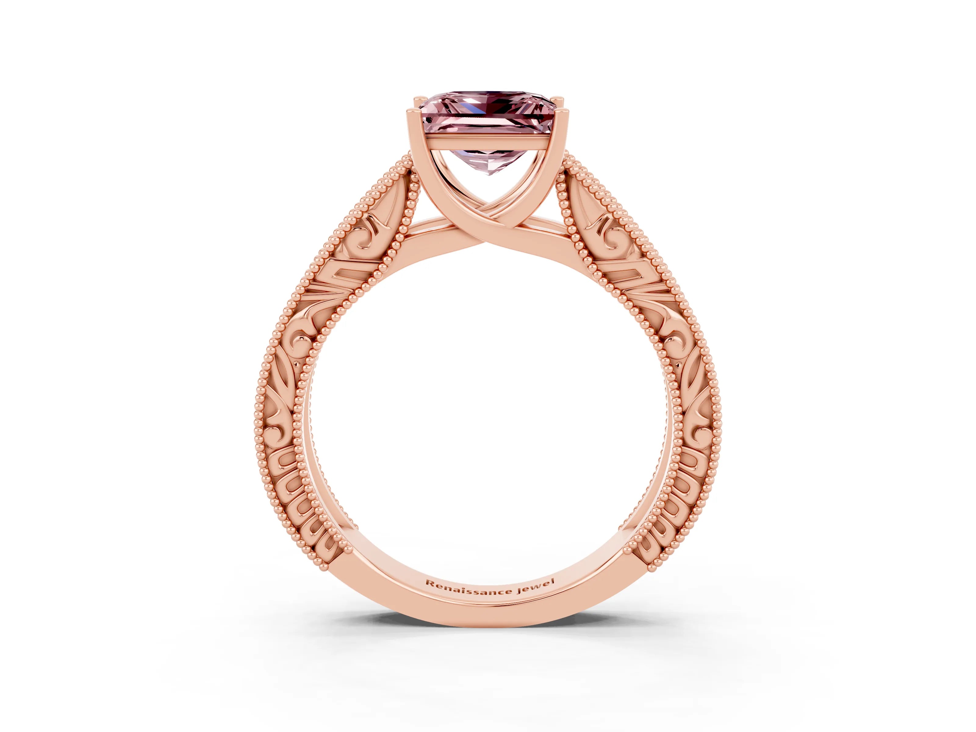 Rose gold Princess Cut Morganite Solitaire Ring with Engraved Band and Four-Prong Setting_3