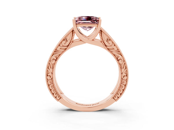 Rose gold Princess Cut Morganite Solitaire Ring with Engraved Band and Four-Prong Setting