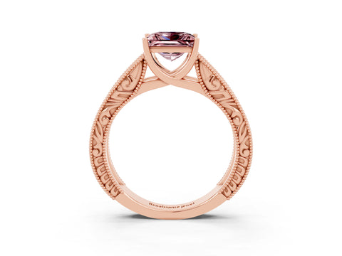Rose gold Princess Cut Morganite Solitaire Ring with Engraved Band and Four-Prong Setting_3