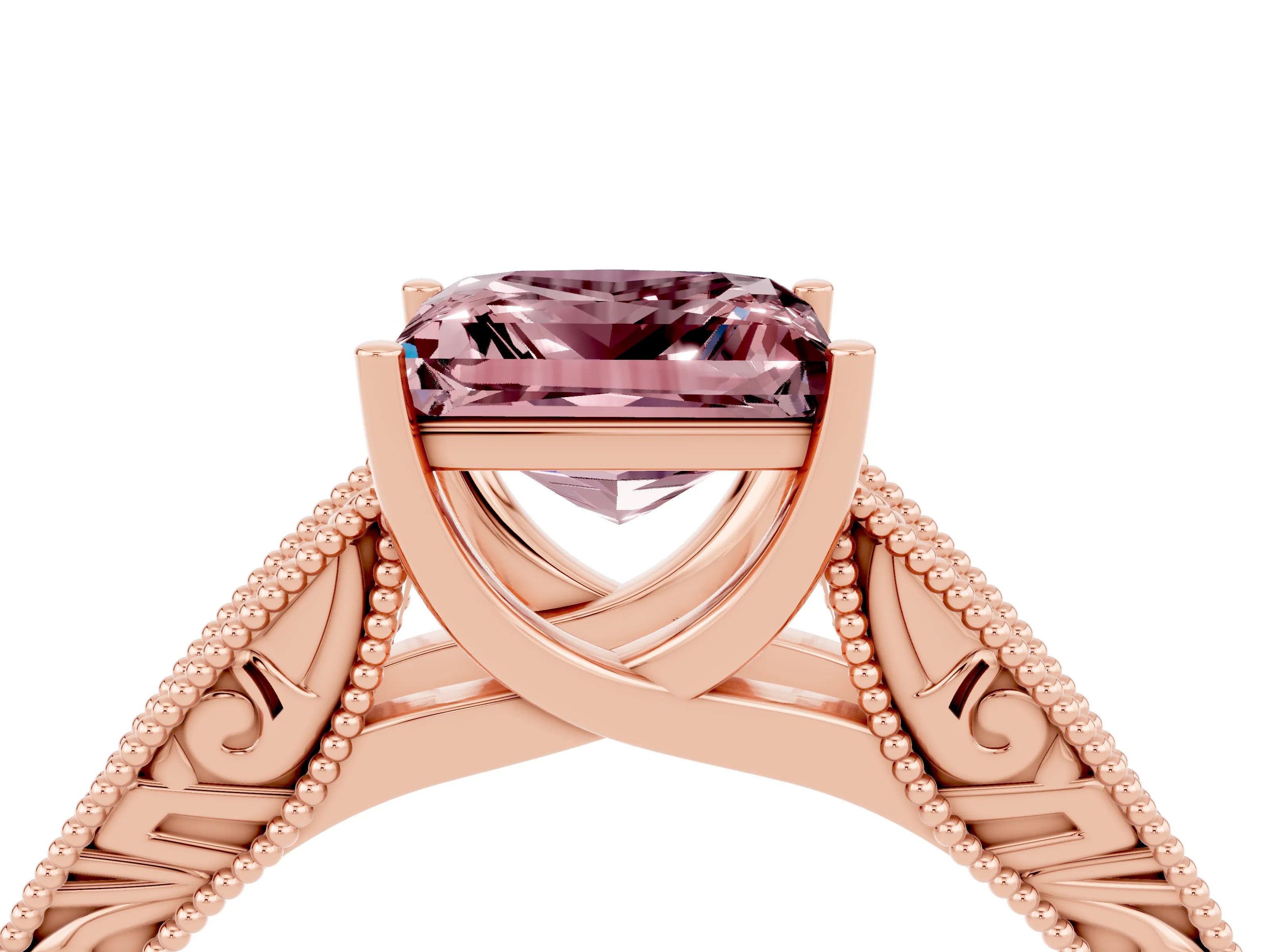 Rose gold Princess Cut Morganite Solitaire Ring with Engraved Band and Four-Prong Setting_4