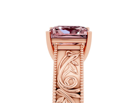 Rose gold Princess Cut Morganite Solitaire Ring with Engraved Band and Four-Prong Setting_5