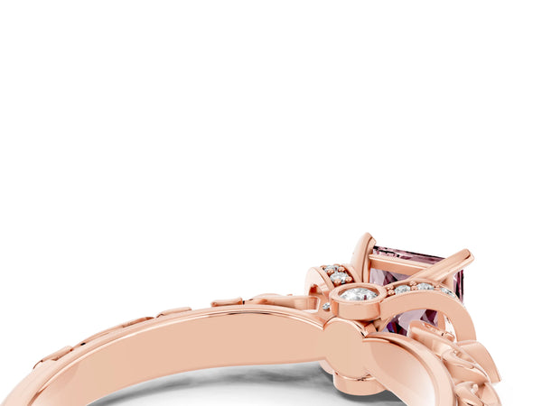 Rose gold Princess Cut Morganite Solitaire Ring with Filigree Band and Four-Prong Setting
