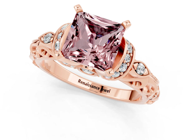 Rose gold Princess Cut Morganite Solitaire Ring with Filigree Band and Four-Prong Setting