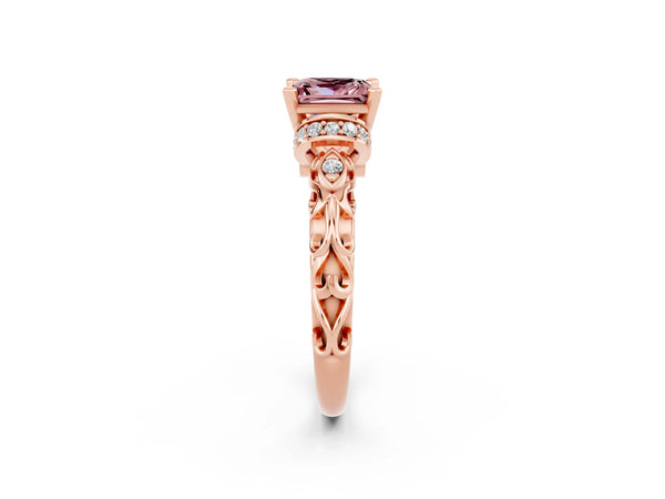 Rose gold Princess Cut Morganite Solitaire Ring with Filigree Band and Four-Prong Setting