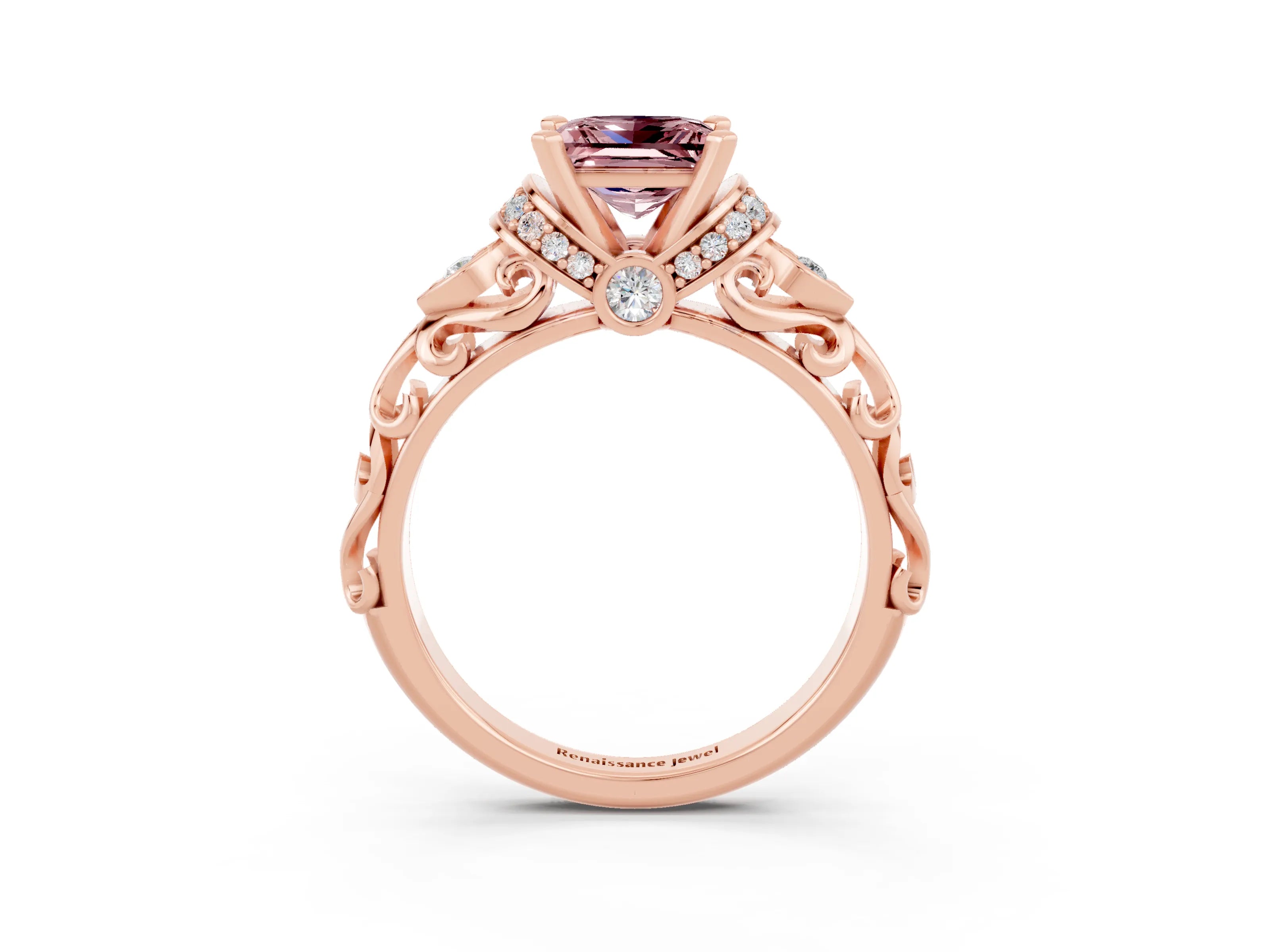 Rose gold Princess Cut Morganite Solitaire Ring with Filigree Band and Four-Prong Setting_27