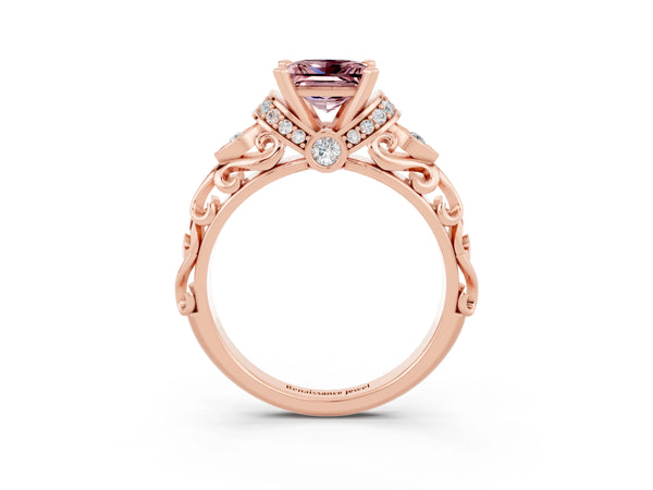 Rose gold Princess Cut Morganite Solitaire Ring with Filigree Band and Four-Prong Setting