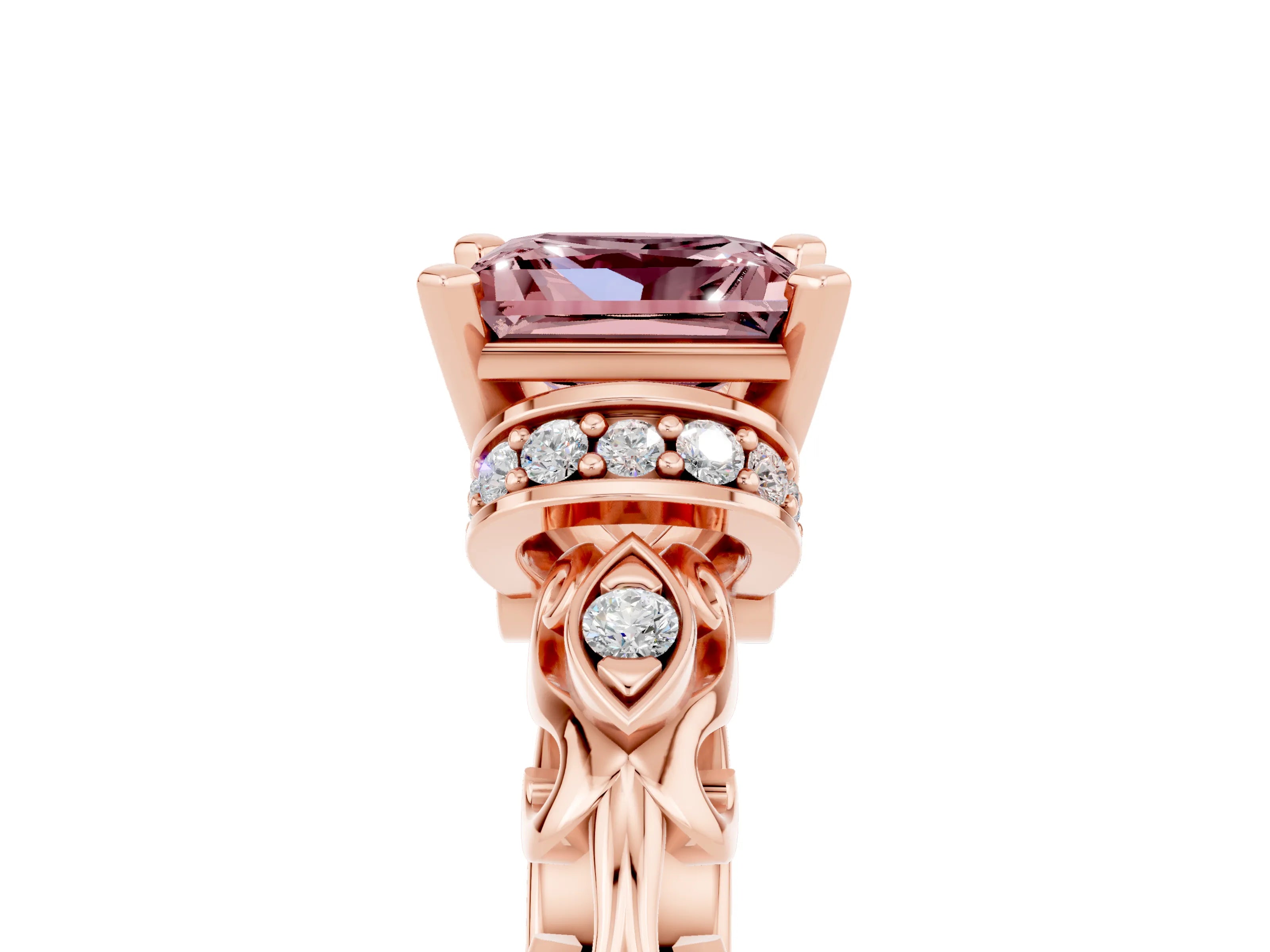 Rose gold Princess Cut Morganite Solitaire Ring with Filigree Band and Four-Prong Setting_29