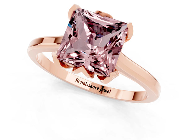 Rose gold Princess Cut Morganite Solitaire Ring with Flower Prong Setting and Classic Band