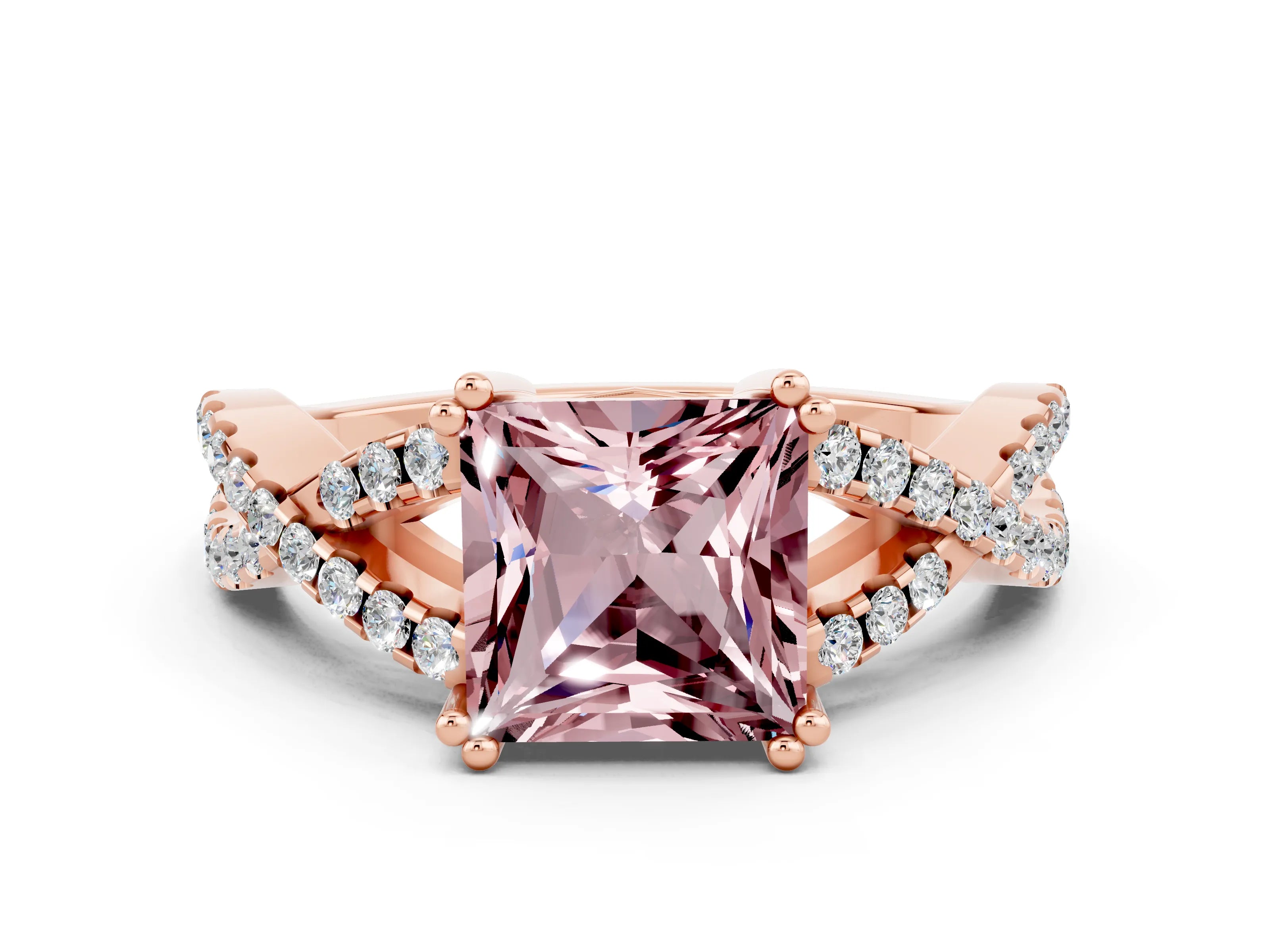 Rose gold Princess Cut Morganite Solitaire Ring with Four-Prong Setting and Twisted Pavé Band