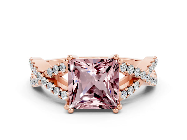 Rose gold Princess Cut Morganite Solitaire Ring with Four-Prong Setting and Twisted Pavé Band