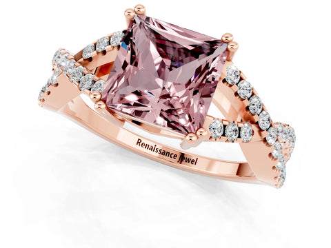 Rose gold Princess Cut Morganite Solitaire Ring with Four-Prong Setting and Twisted Pavé Band_1