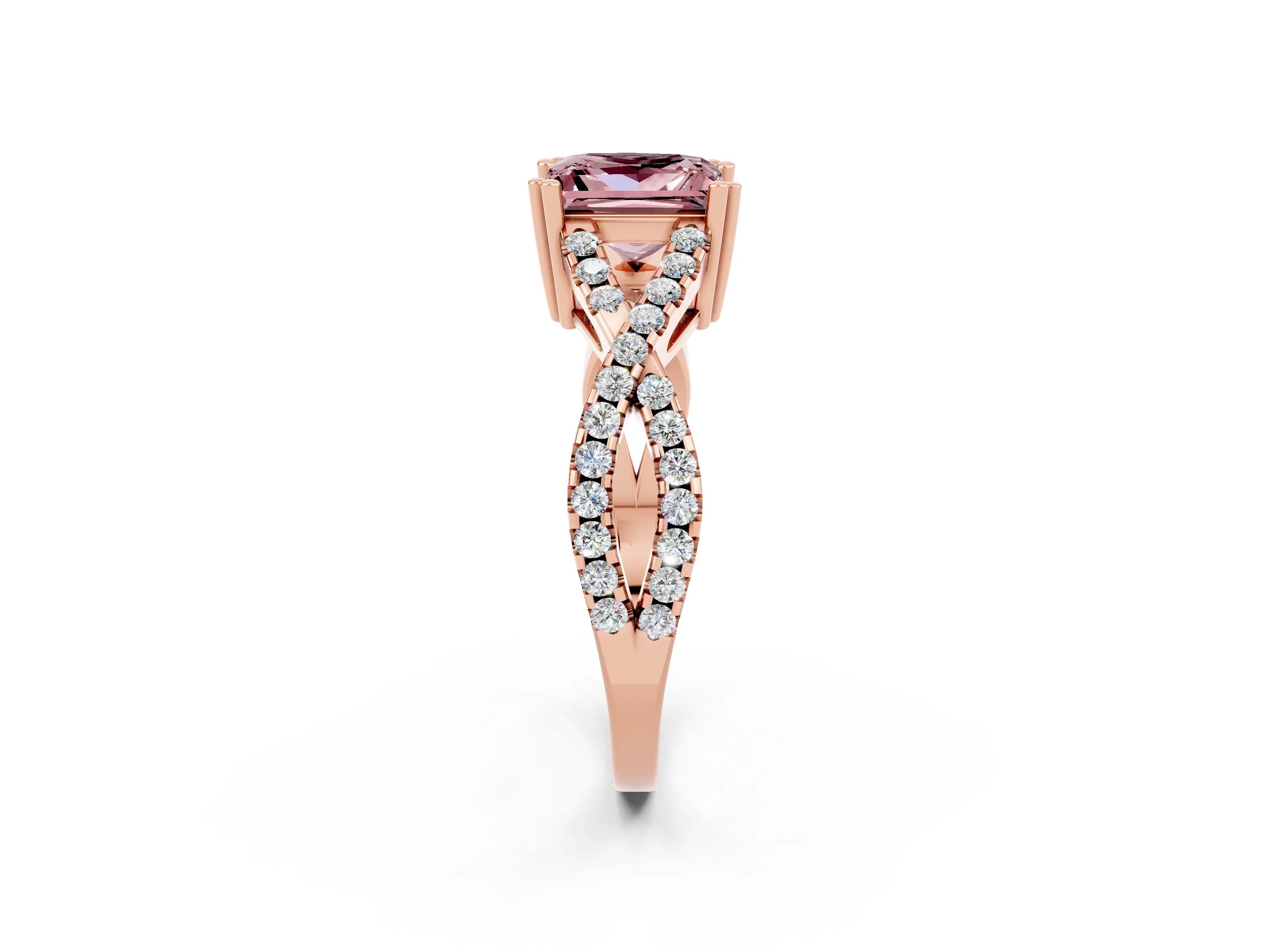 Rose gold Princess Cut Morganite Solitaire Ring with Four-Prong Setting and Twisted Pavé Band_2
