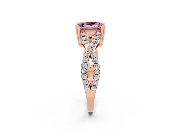 Rose gold Princess Cut Morganite Solitaire Ring with Four-Prong Setting and Twisted Pavé Band