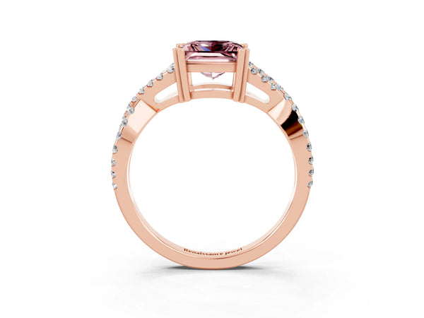 Rose gold Princess Cut Morganite Solitaire Ring with Four-Prong Setting and Twisted Pavé Band
