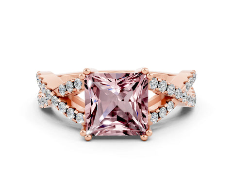Rose gold Princess Cut Morganite Solitaire Ring with Four-Prong Setting and Twisted Pavé Band