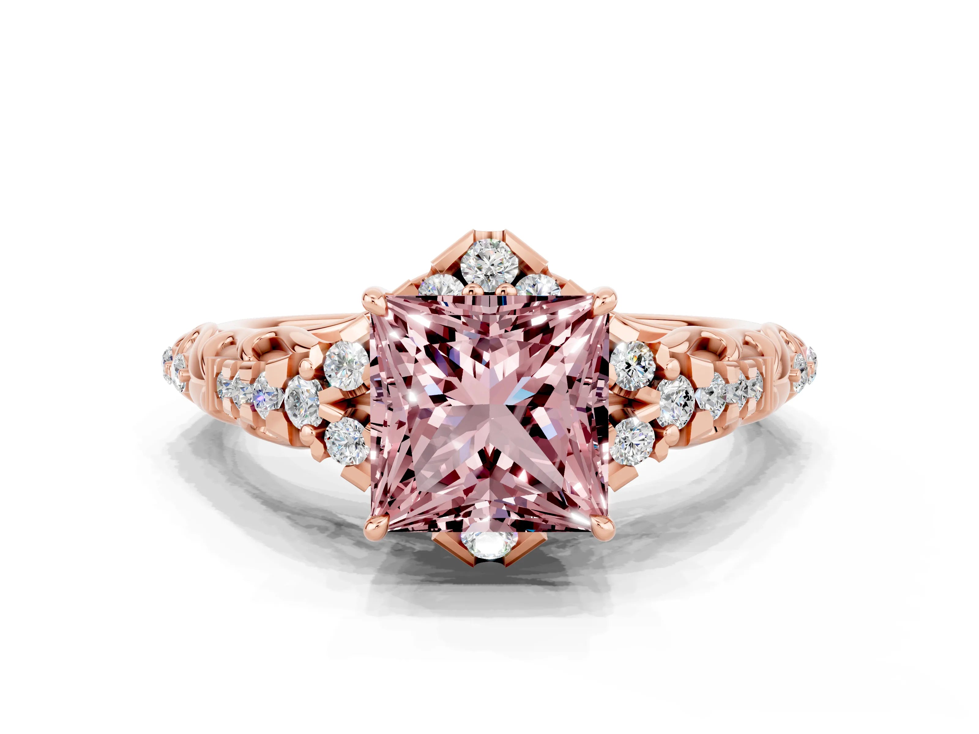 Rose gold Princess Cut Morganite Solitaire Ring with Hidden Halo and Pavé Band_12