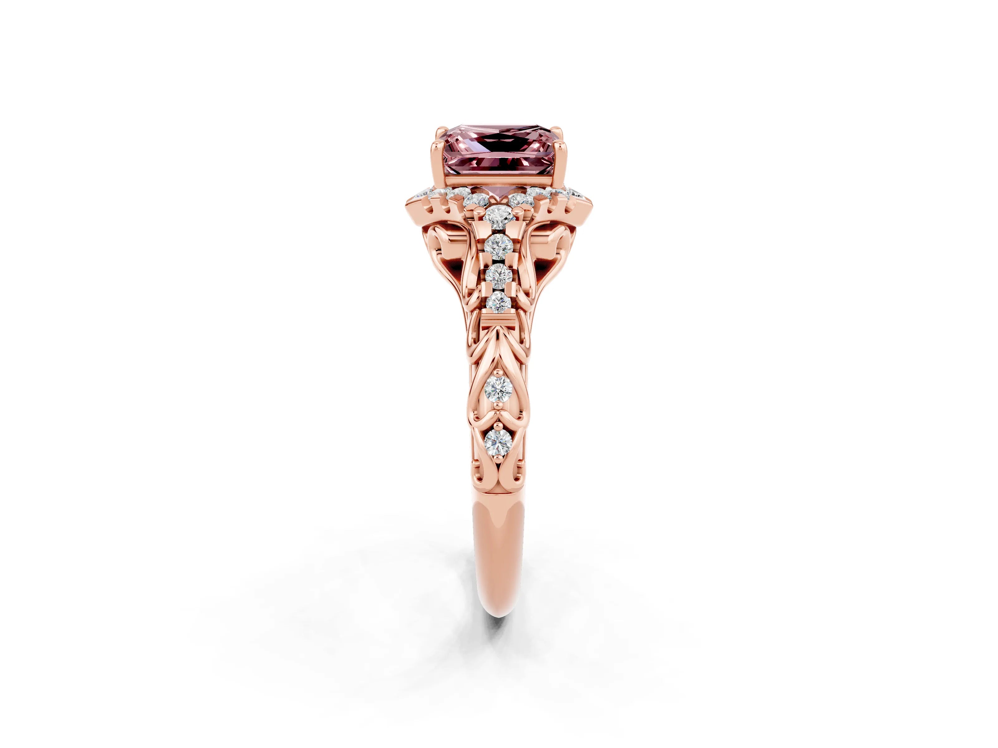 Rose gold Princess Cut Morganite Solitaire Ring with Hidden Halo and Pavé Band_14