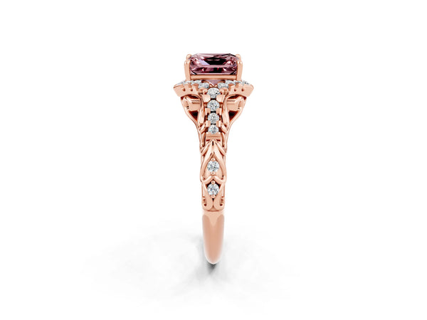 Rose gold Princess Cut Morganite Solitaire Ring with Hidden Halo and Pavé Band