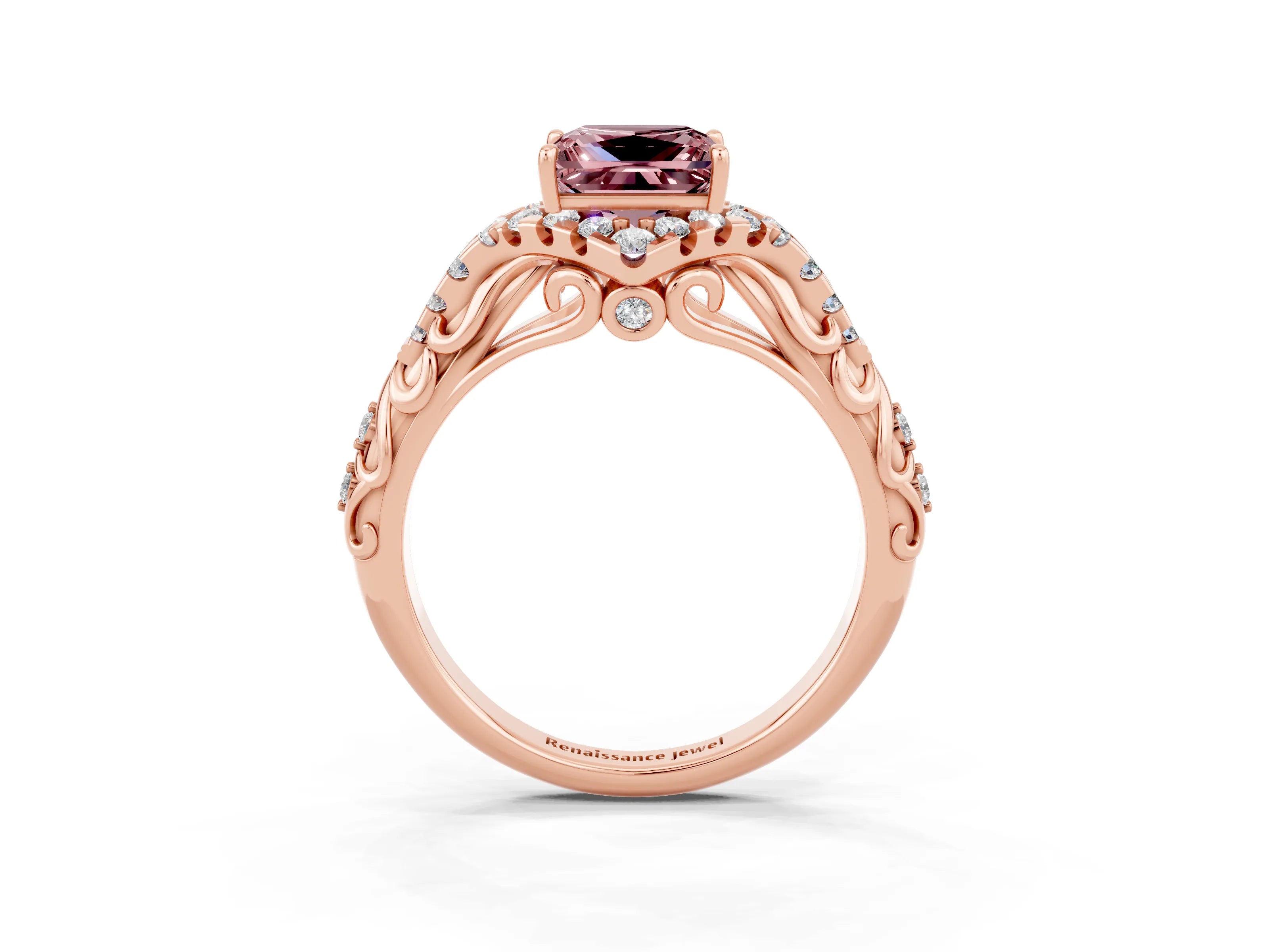 Rose gold Princess Cut Morganite Solitaire Ring with Hidden Halo and Pavé Band_15