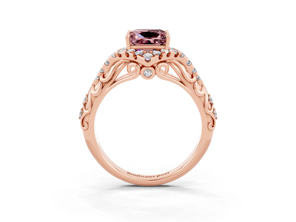 Rose gold Princess Cut Morganite Solitaire Ring with Hidden Halo and Pavé Band