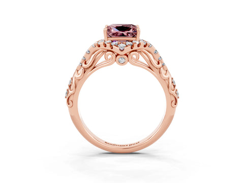 Rose gold Princess Cut Morganite Solitaire Ring with Hidden Halo and Pavé Band_15