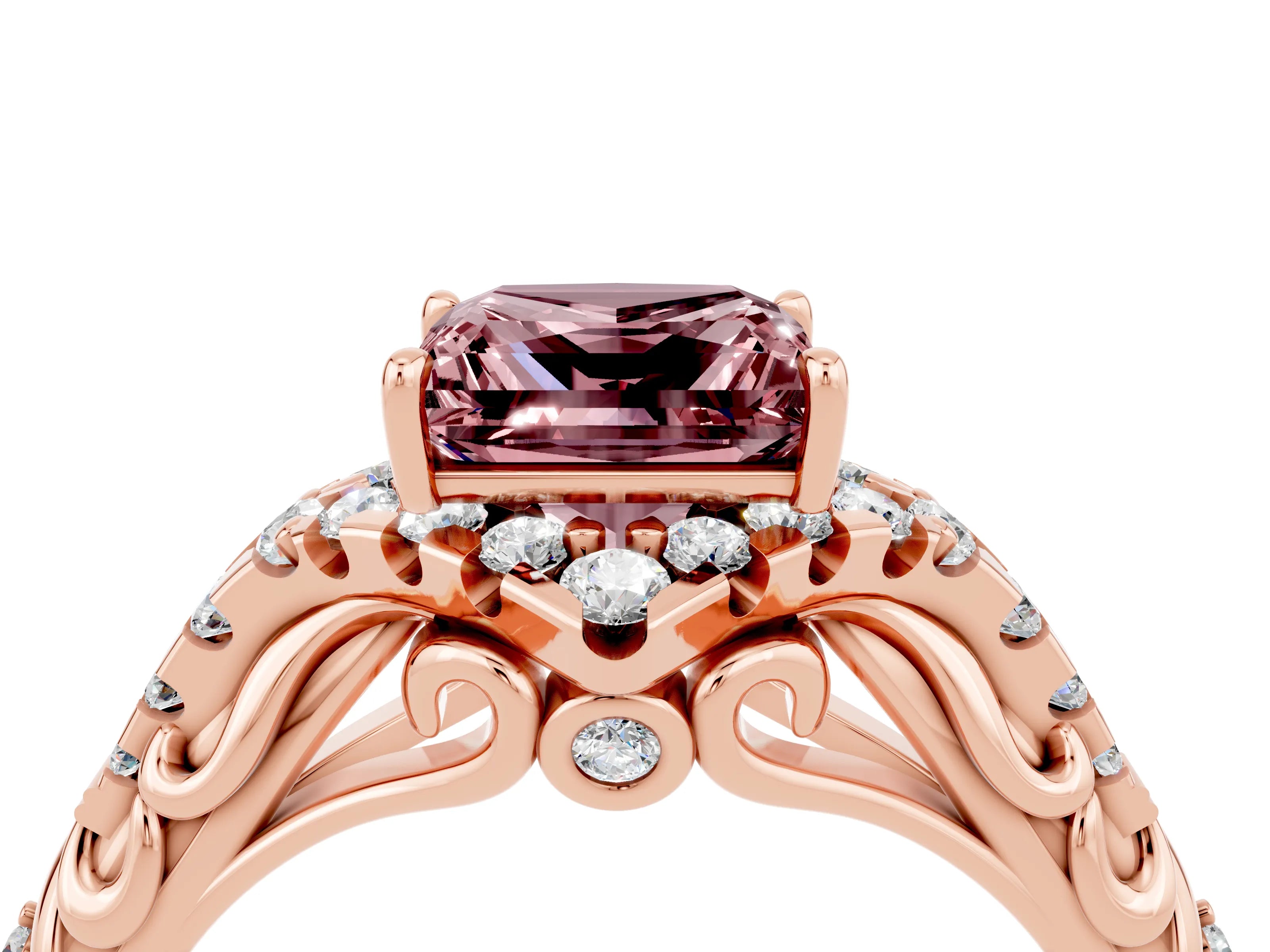 Rose gold Princess Cut Morganite Solitaire Ring with Hidden Halo and Pavé Band_16