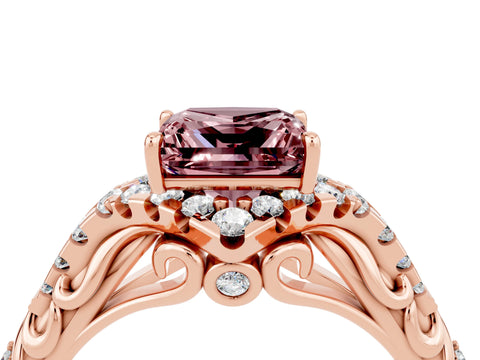 Rose gold Princess Cut Morganite Solitaire Ring with Hidden Halo and Pavé Band_16