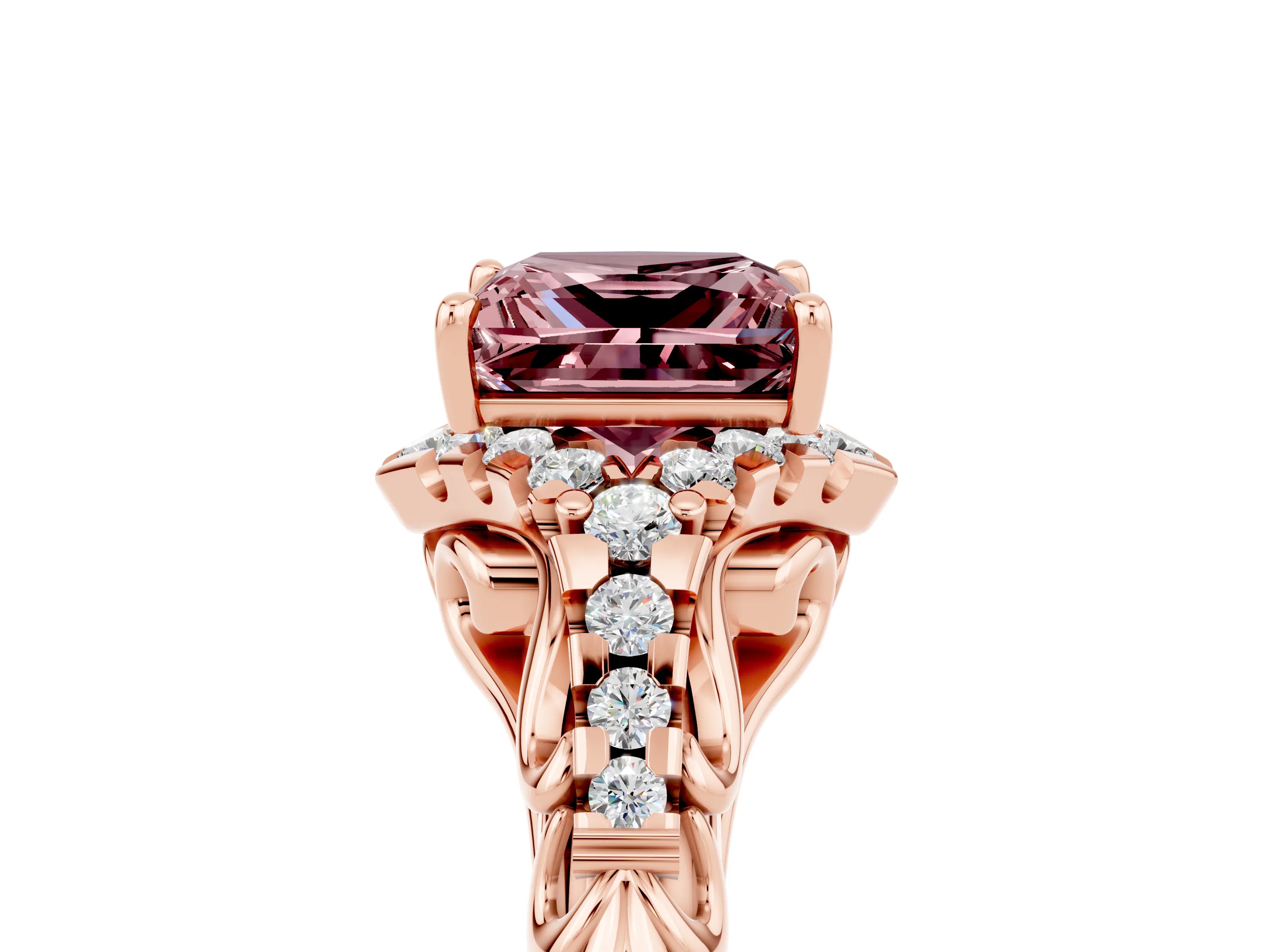 Rose gold Princess Cut Morganite Solitaire Ring with Hidden Halo and Pavé Band_17