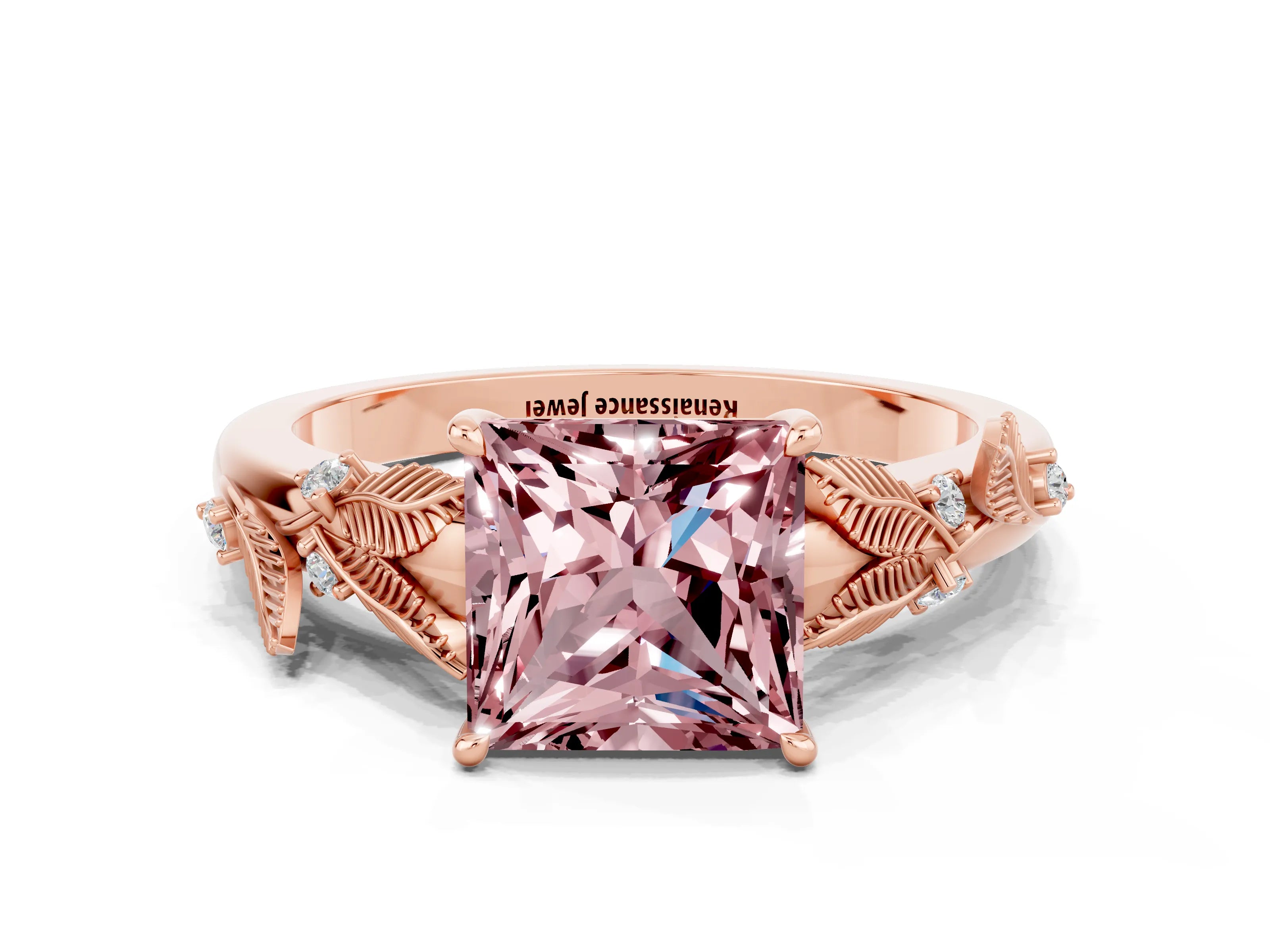 Rose gold Princess Cut Morganite Solitaire Ring with Leaf Motif Band and Four-Prong Setting