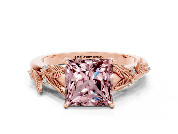 Rose gold Princess Cut Morganite Solitaire Ring with Leaf Motif Band and Four-Prong Setting