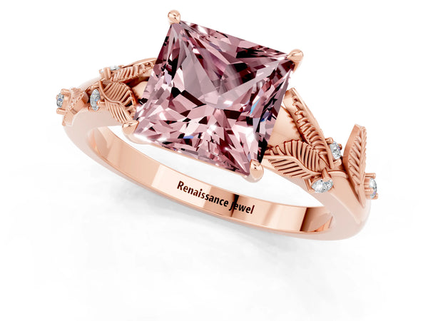 Rose gold Princess Cut Morganite Solitaire Ring with Leaf Motif Band and Four-Prong Setting