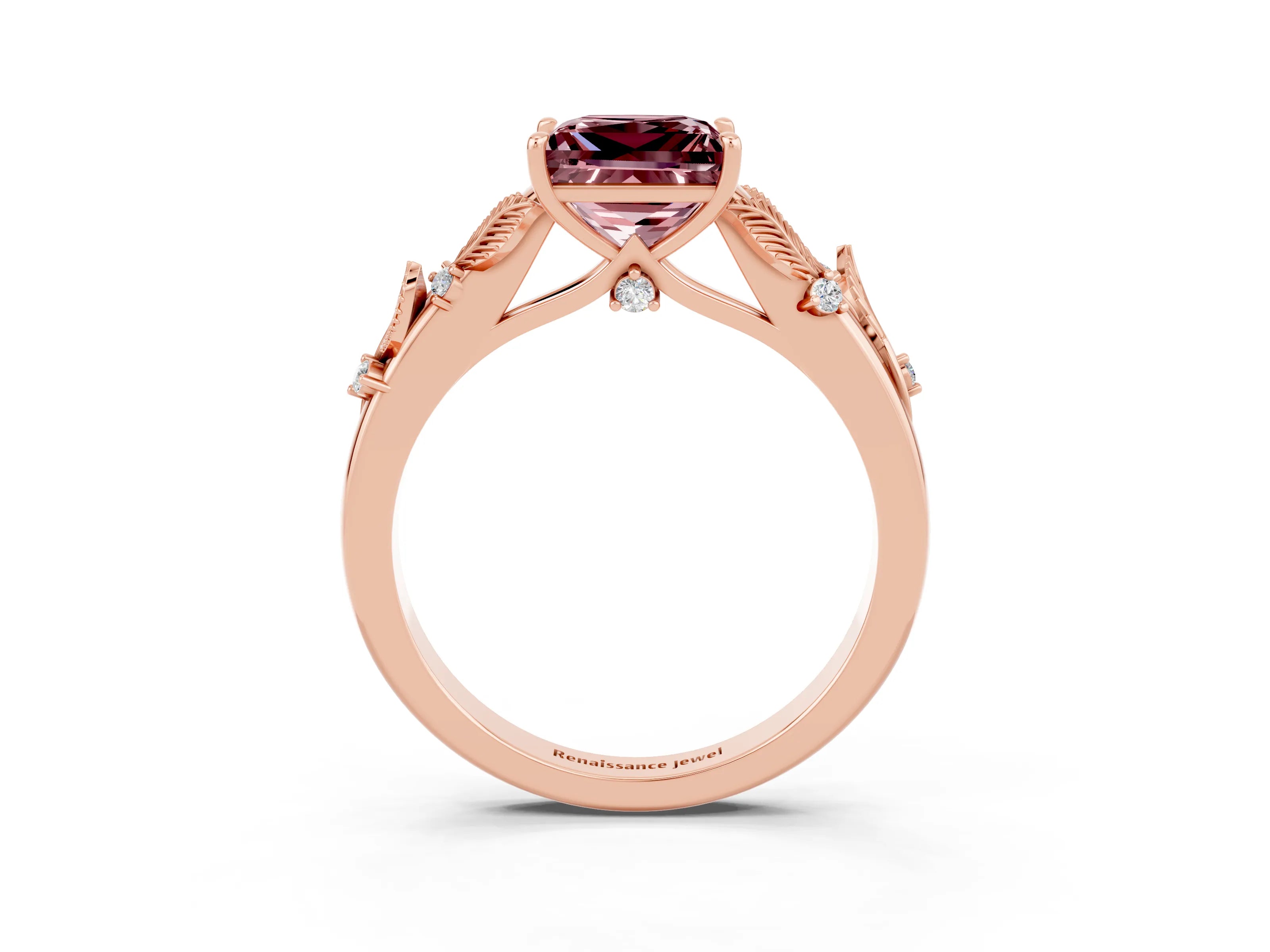Rose gold Princess Cut Morganite Solitaire Ring with Leaf Motif Band and Four-Prong Setting_3