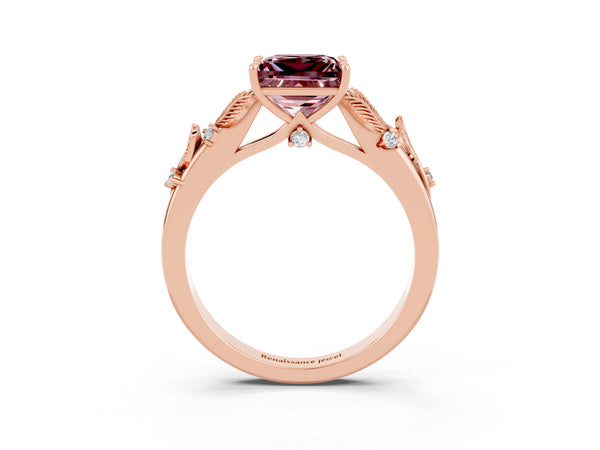 Rose gold Princess Cut Morganite Solitaire Ring with Leaf Motif Band and Four-Prong Setting