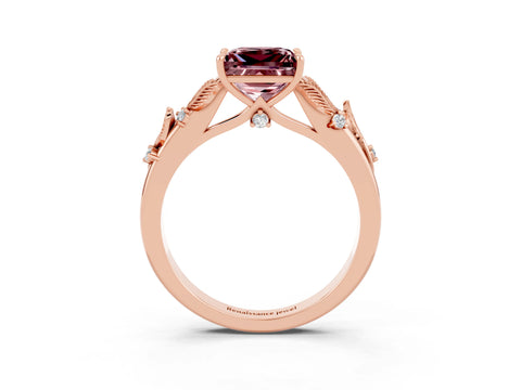 Rose gold Princess Cut Morganite Solitaire Ring with Leaf Motif Band and Four-Prong Setting_3