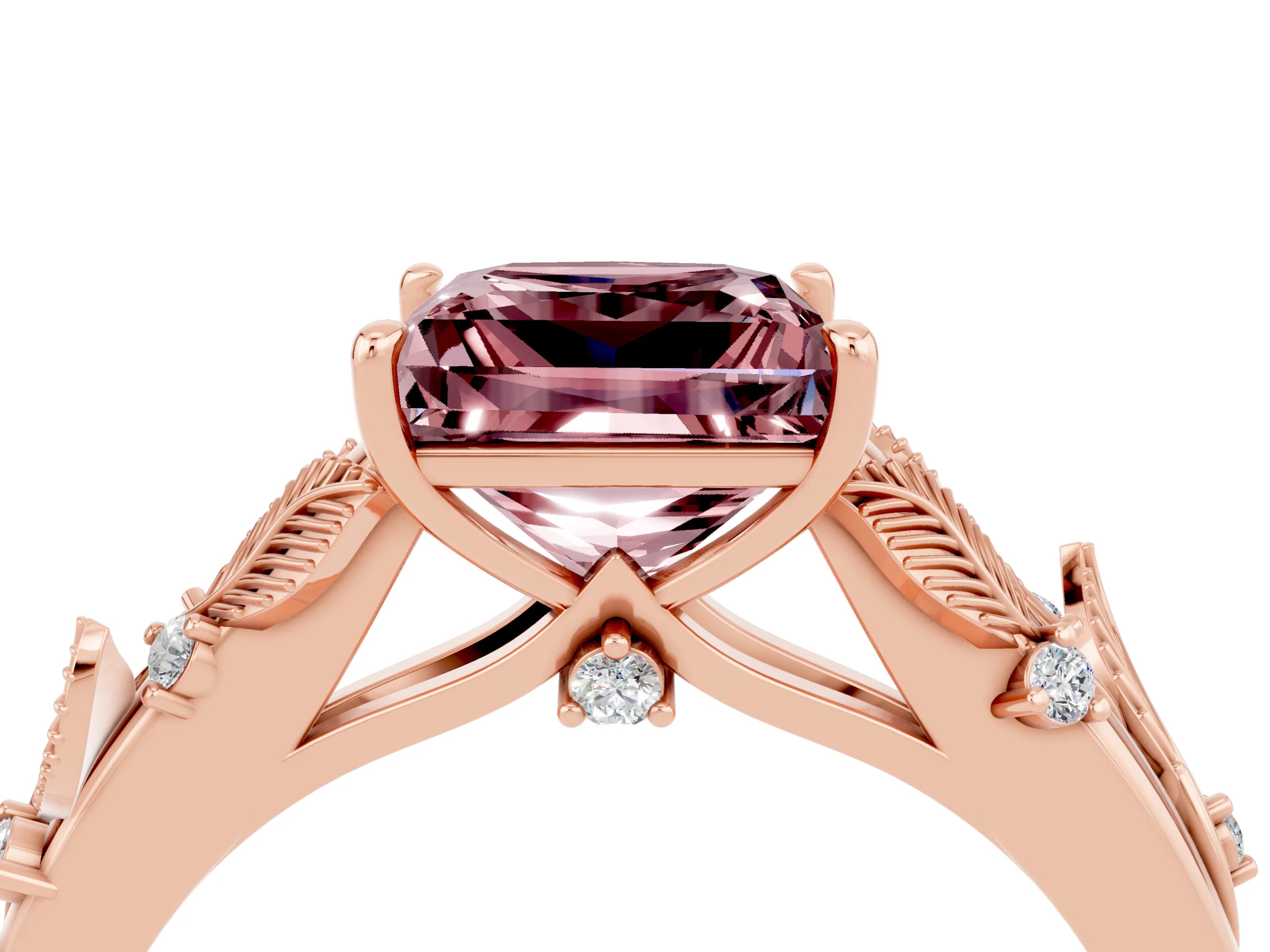 Rose gold Princess Cut Morganite Solitaire Ring with Leaf Motif Band and Four-Prong Setting_4