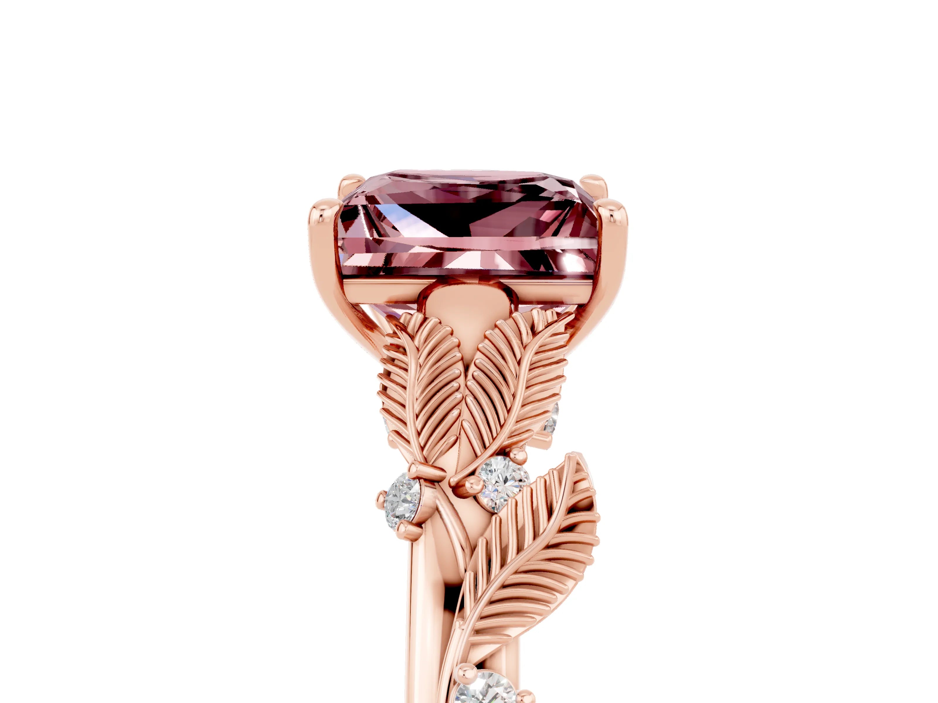 Rose gold Princess Cut Morganite Solitaire Ring with Leaf Motif Band and Four-Prong Setting_5