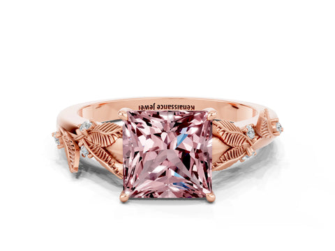 Rose gold Princess Cut Morganite Solitaire Ring with Leaf Motif Band and Four-Prong Setting