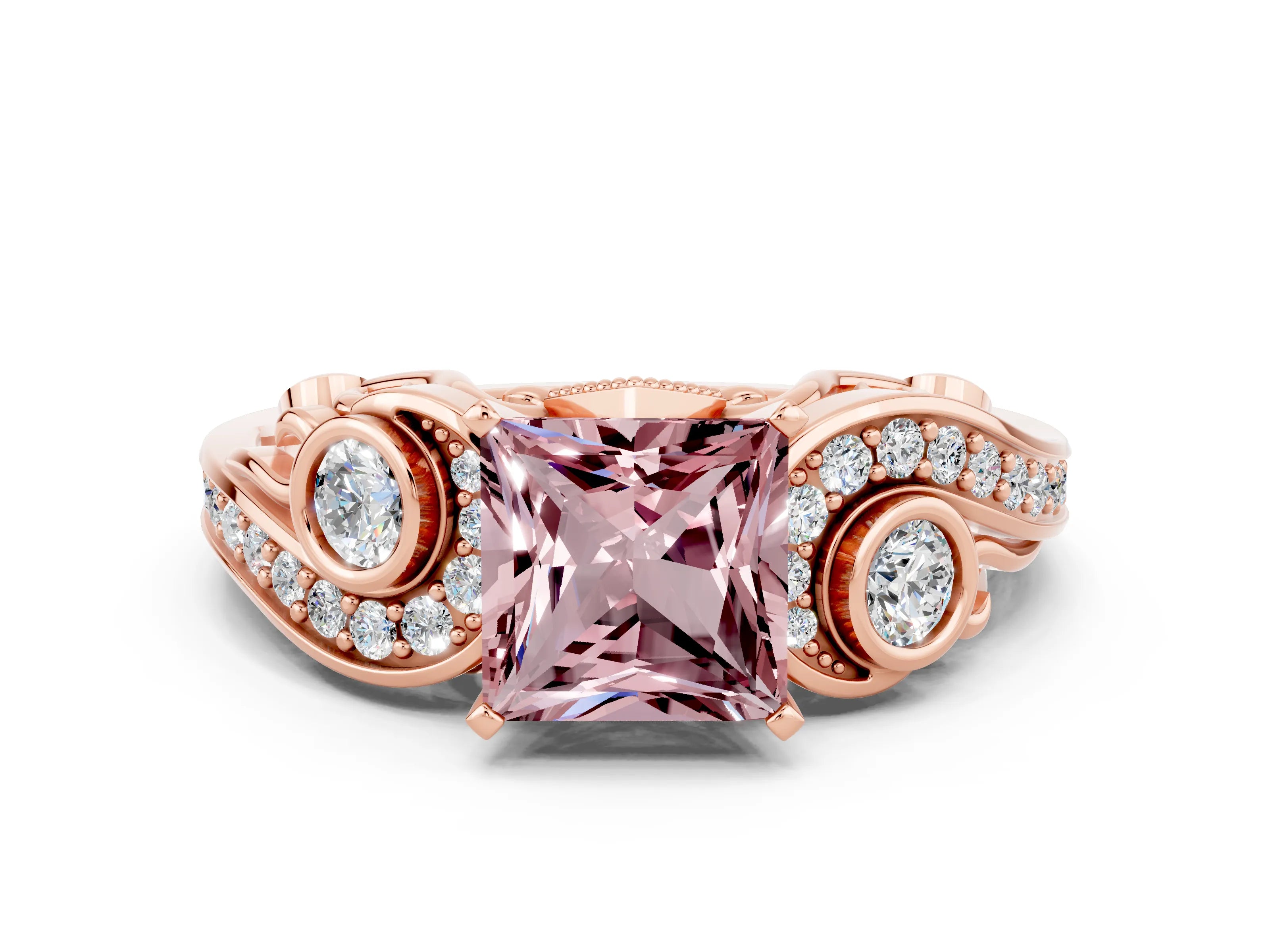 Rose gold Princess Cut Morganite Solitaire Ring with Milgrain Pavé Band and Four-Prong Setting_24