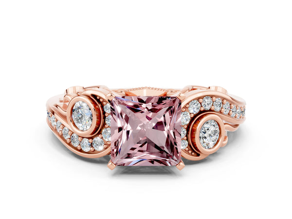 Rose gold Princess Cut Morganite Solitaire Ring with Milgrain Pavé Band and Four-Prong Setting