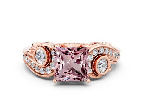 Rose gold Princess Cut Morganite Solitaire Ring with Milgrain Pavé Band and Four-Prong Setting_24