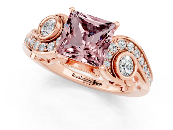 Rose gold Princess Cut Morganite Solitaire Ring with Milgrain Pavé Band and Four-Prong Setting