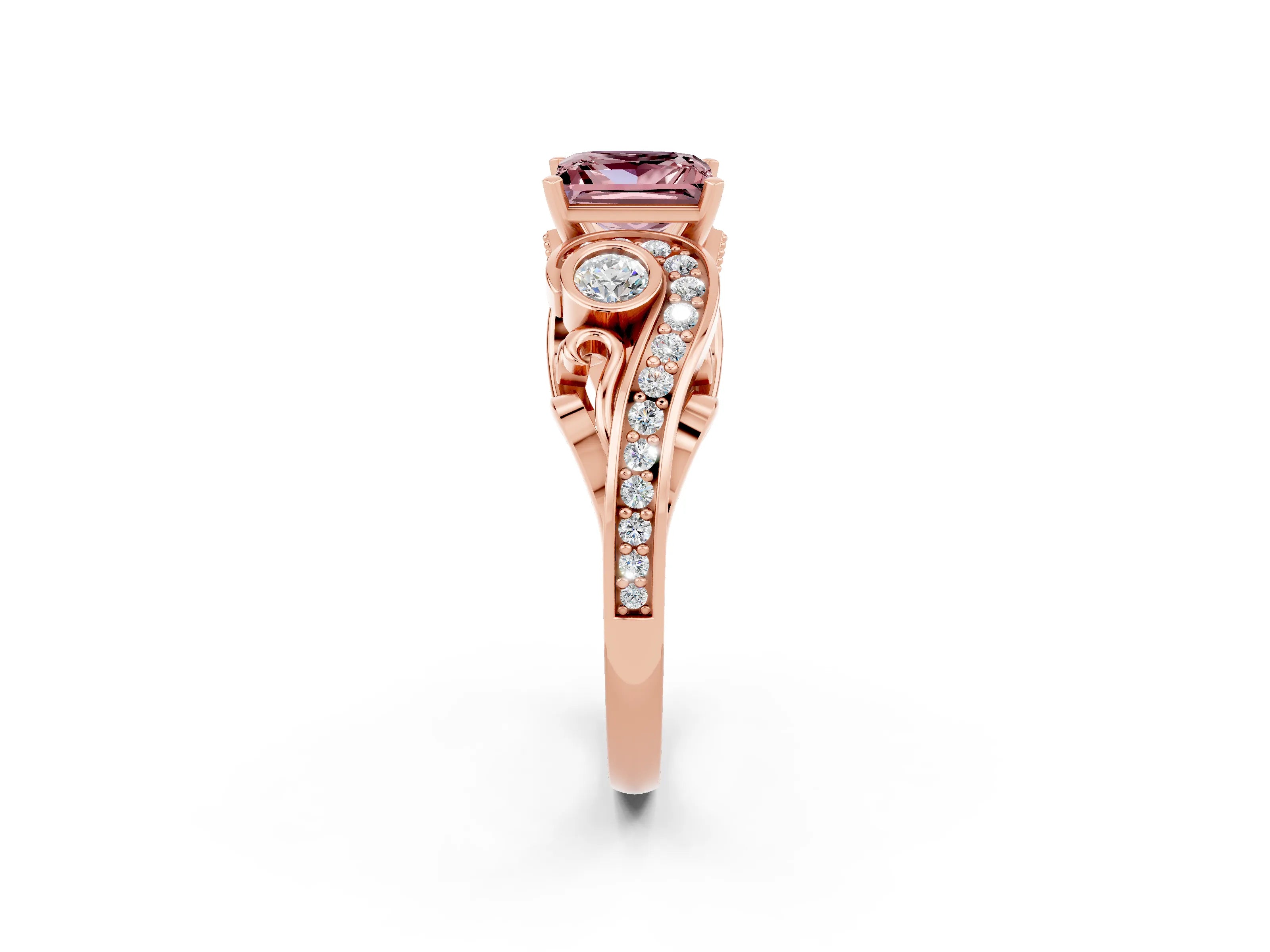 Rose gold Princess Cut Morganite Solitaire Ring with Milgrain Pavé Band and Four-Prong Setting_26