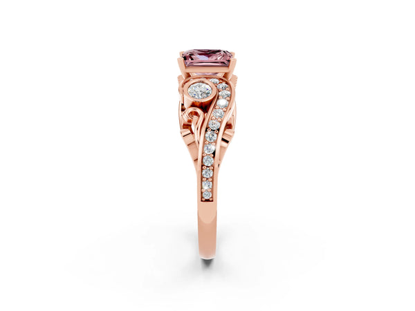Rose gold Princess Cut Morganite Solitaire Ring with Milgrain Pavé Band and Four-Prong Setting