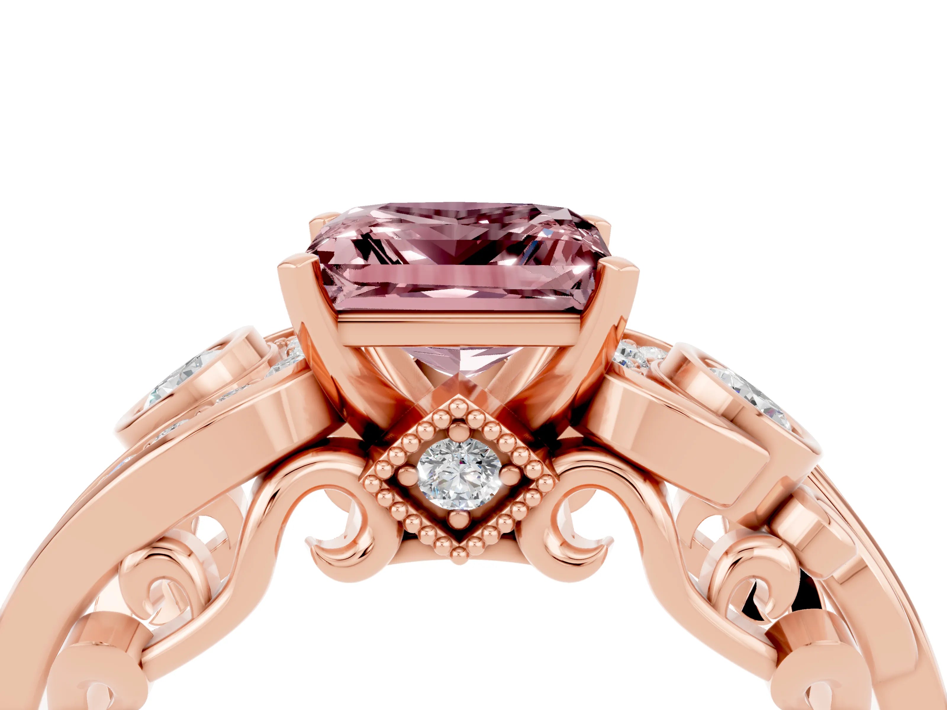Rose gold Princess Cut Morganite Solitaire Ring with Milgrain Pavé Band and Four-Prong Setting_28
