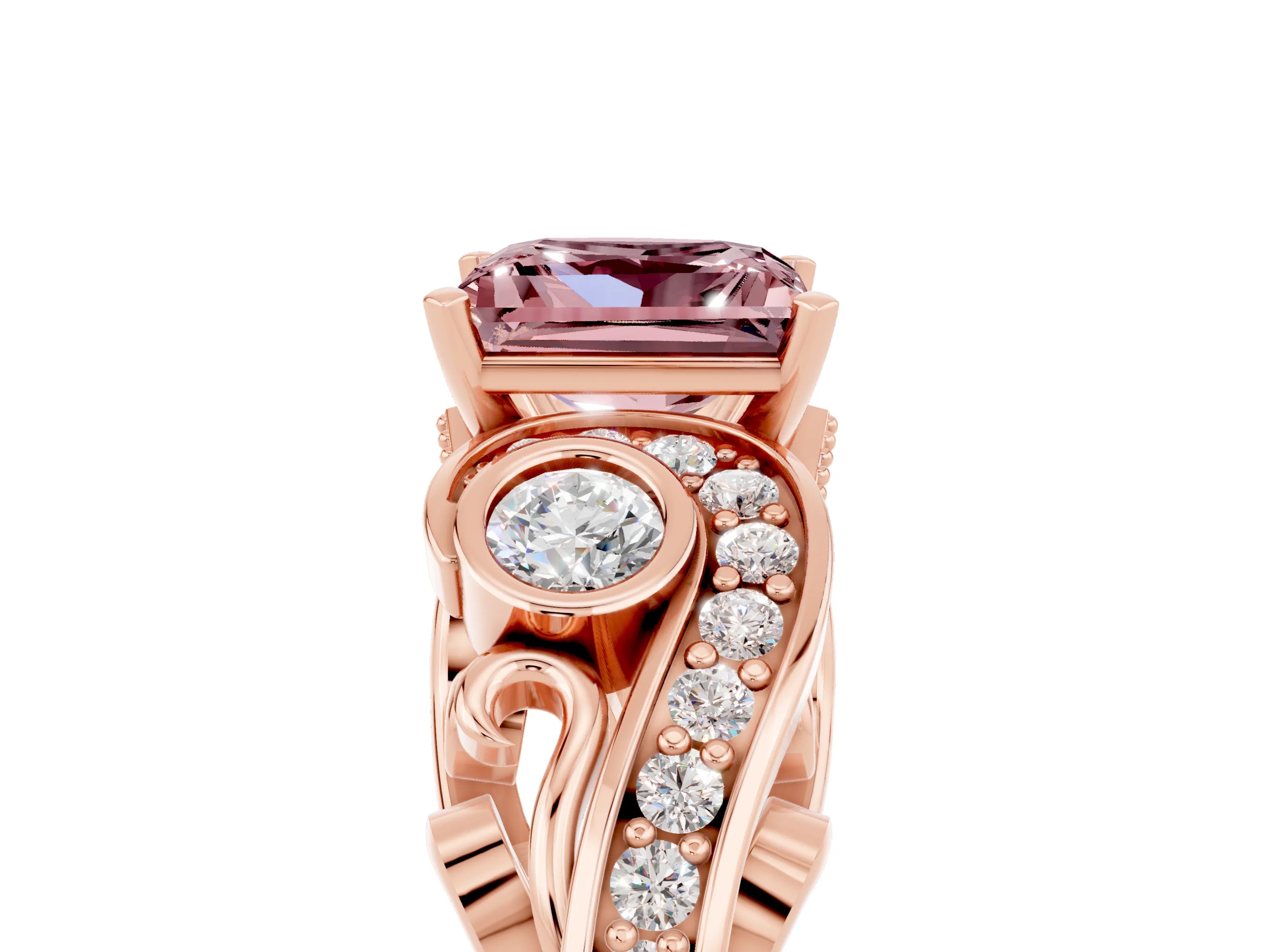 Rose gold Princess Cut Morganite Solitaire Ring with Milgrain Pavé Band and Four-Prong Setting_29
