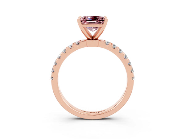 Rose gold Princess Cut Morganite Solitaire Ring with Pavé Accents and Four-Prong Setting