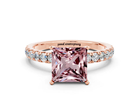 Rose gold Princess Cut Morganite Solitaire Ring with Pavé Accents and Four-Prong Setting