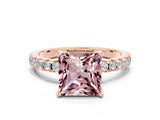 10K Rose Gold Morganite Solitaire Ring with Round Pavé Band and Four-Prong Setting